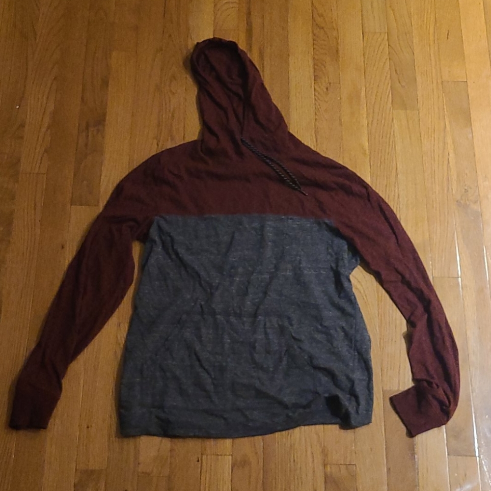 Dark Red and Gray Long-Sleeved Shirt with Hood
